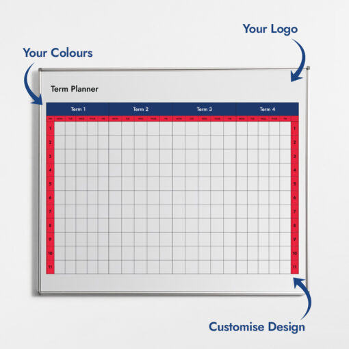 Year Term Planner Whiteboard with custom colouring blue and red