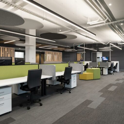 Autex horizon hanging acoustic panels in office with workstations