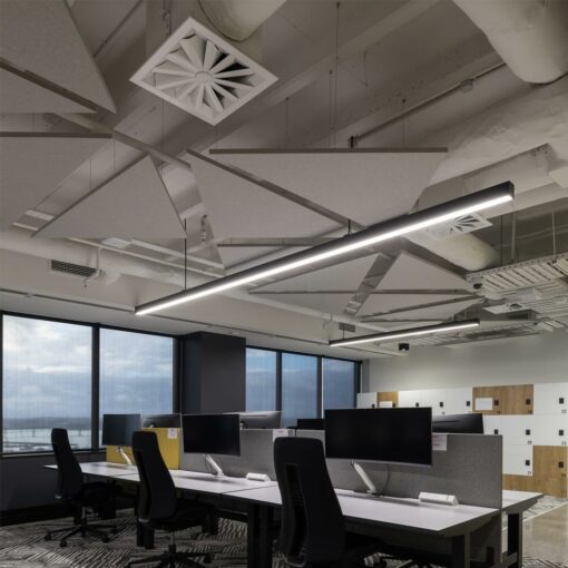 Autex Horizon hanging acoustic panels in office with workstations and computers