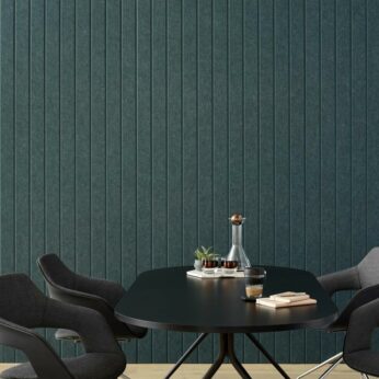 Woven image longitude acoustic panels in jade green behind table and chairs