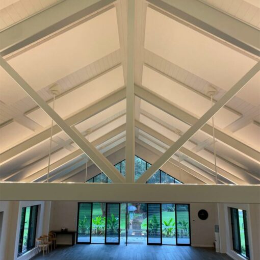 White quietspace panels on ceiling of yoga hall