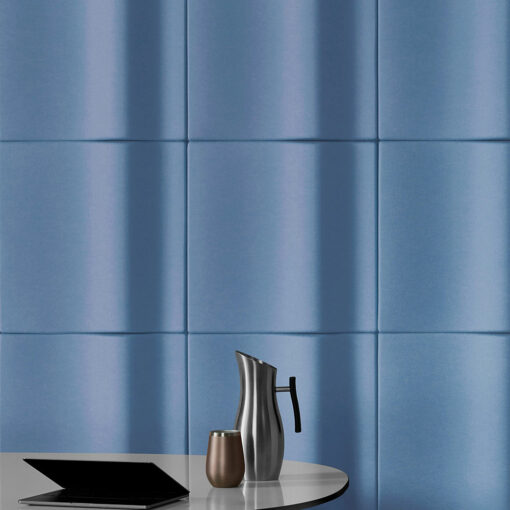 Woven Image Wave 3d Acoustic Tile in blue with desk and carafe