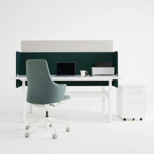 Autex Vicinity Workstation screens with desk, chair, and pedestal