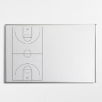 Whiteboard mounted on wall with basketball court design on left side