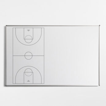 Whiteboard mounted on wall with basketball court design on left side