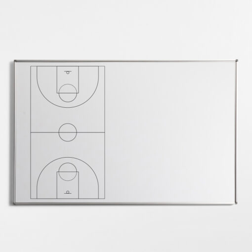 Whiteboard mounted on wall with basketball court design on left side