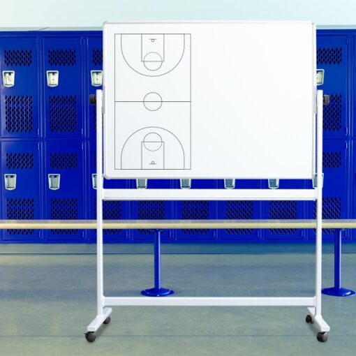 Sports coaching mobile board in a blue locker room
