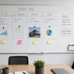Custom printed project planning whiteboard in a meeting room