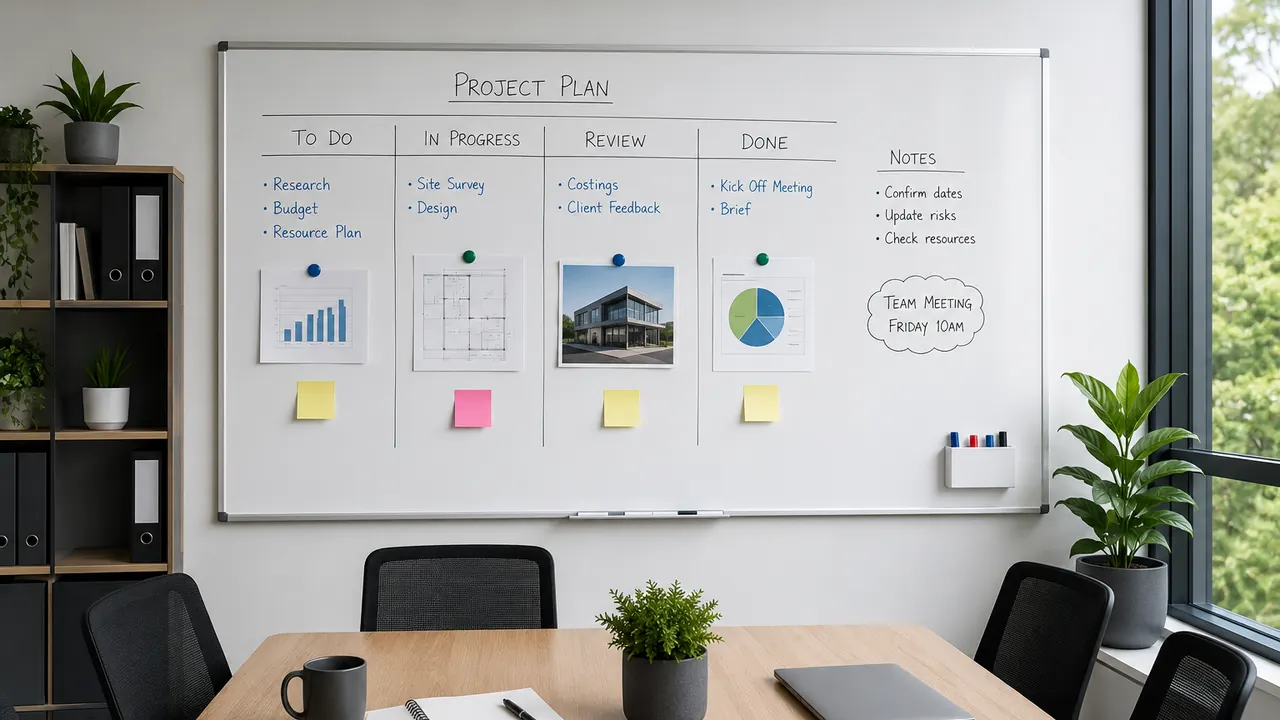 Custom printed project planning whiteboard in a meeting room