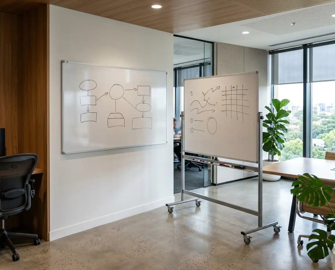 Fixed wall-mounted whiteboard beside a mobile whiteboard