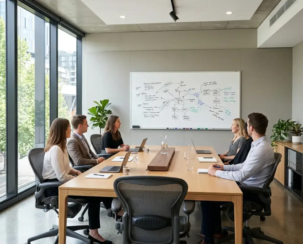 Fixed whiteboard mounted in a modern office meeting room