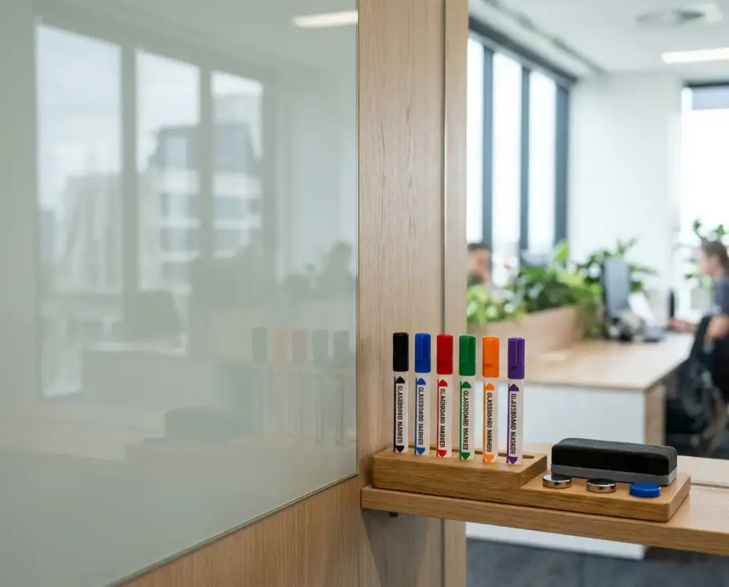 Glassboard markers, pen tray, eraser and magnets