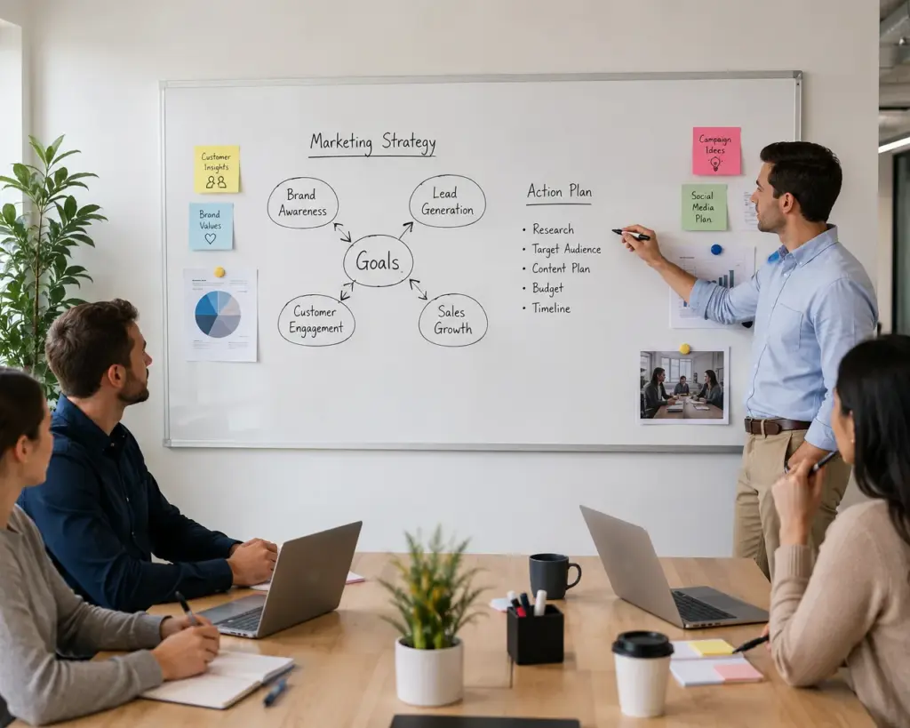 Team planning around a large whiteboard in a meeting room