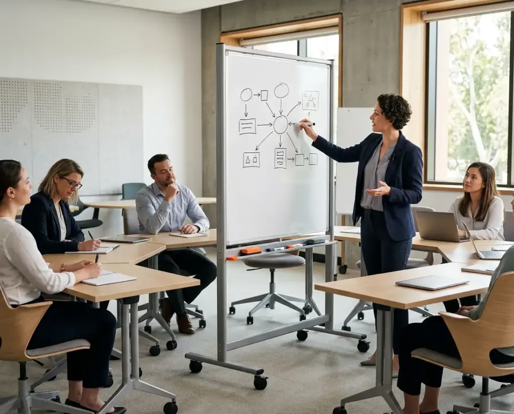 Facilitator using a mobile whiteboard in a training room
