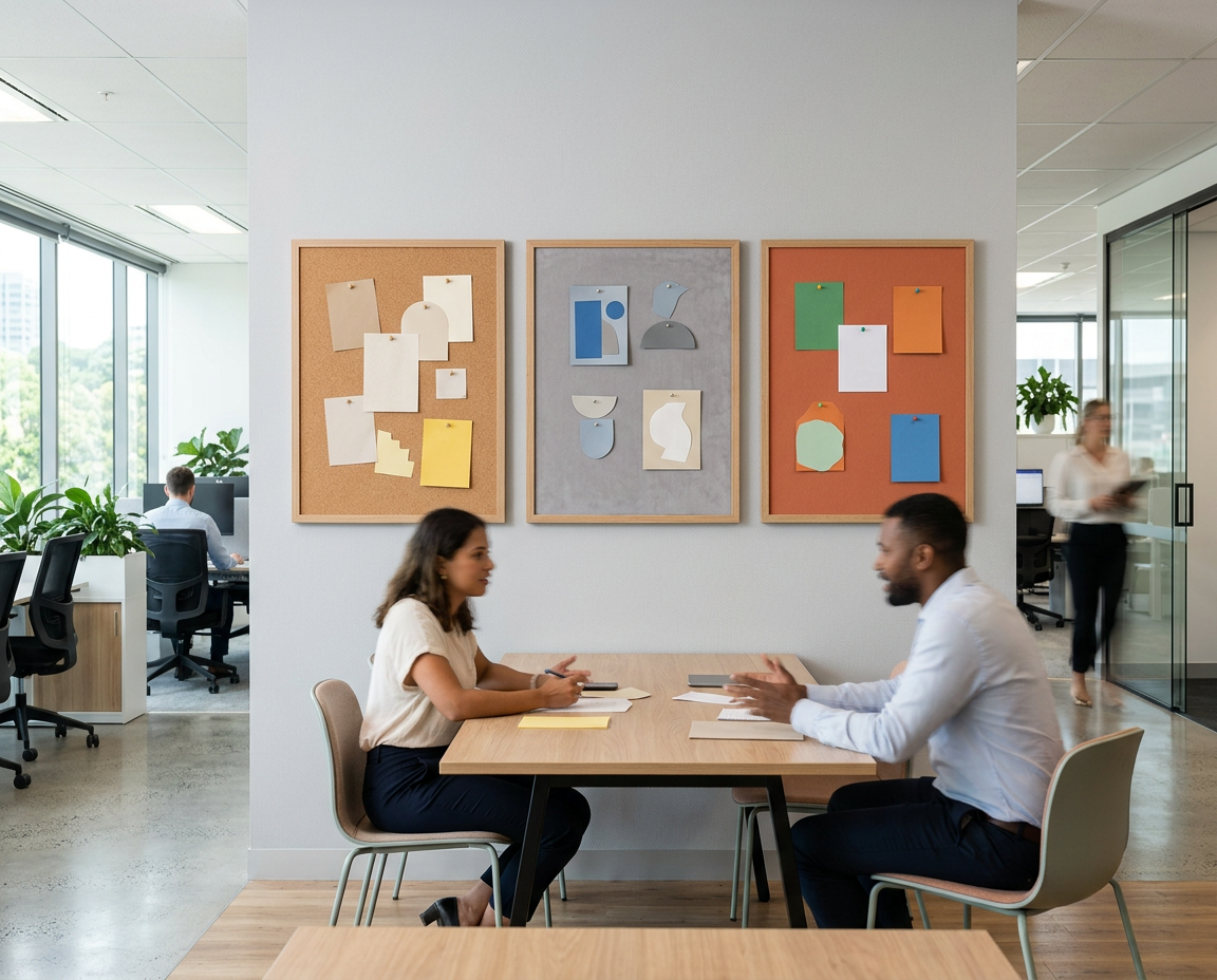 Cork, fabric and acoustic notice boards in a modern office