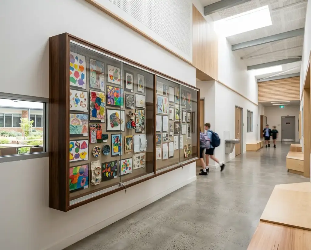 Lockable display case in a school corridor
