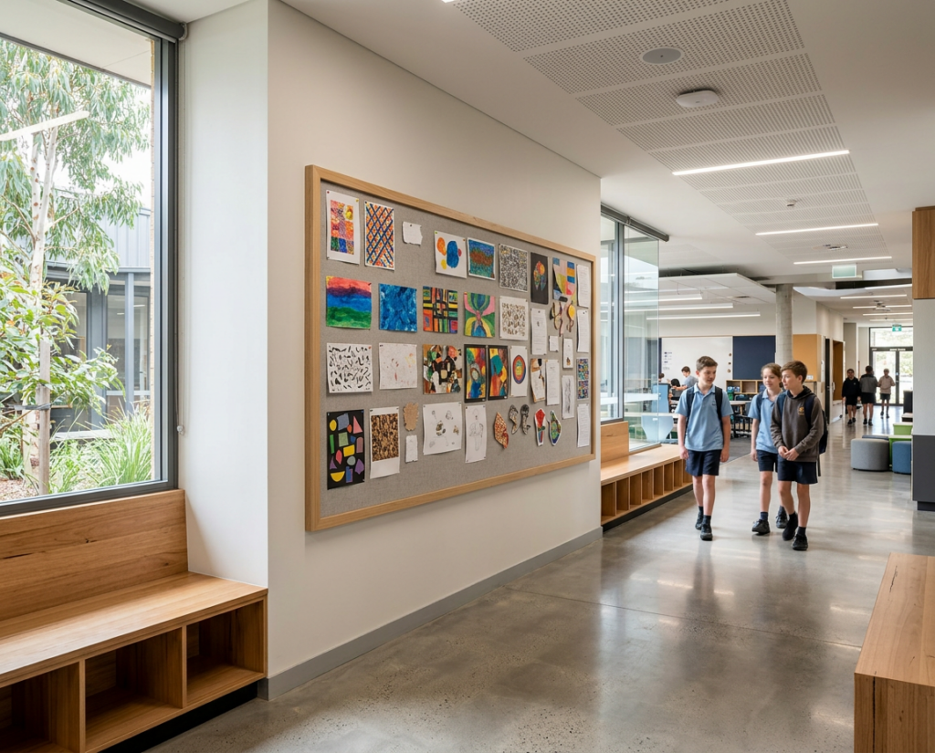 Large fabric notice board in a school learning area