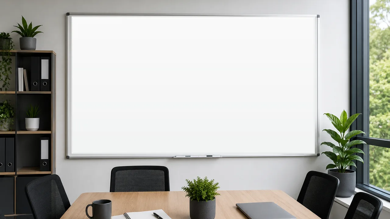 Large wall-mounted whiteboard in a modern meeting room