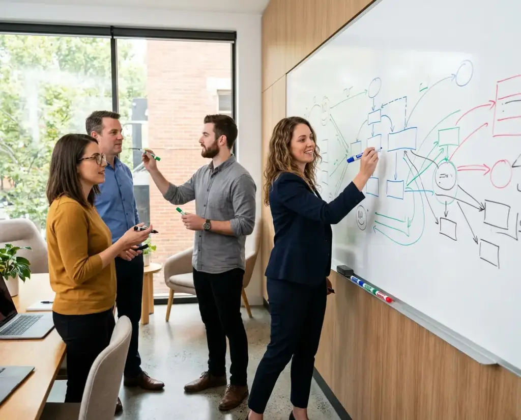 Office team using coloured whiteboard markers in a meeting