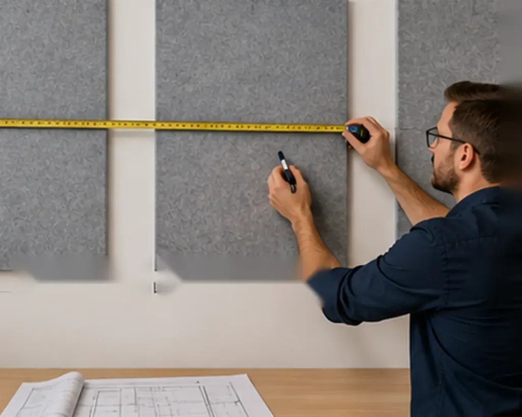 Acoustic panel layout being measured on an office wall