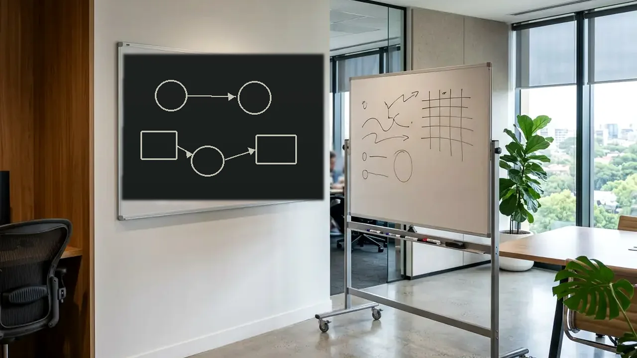 Black chalkboard beside a mobile whiteboard in a modern office