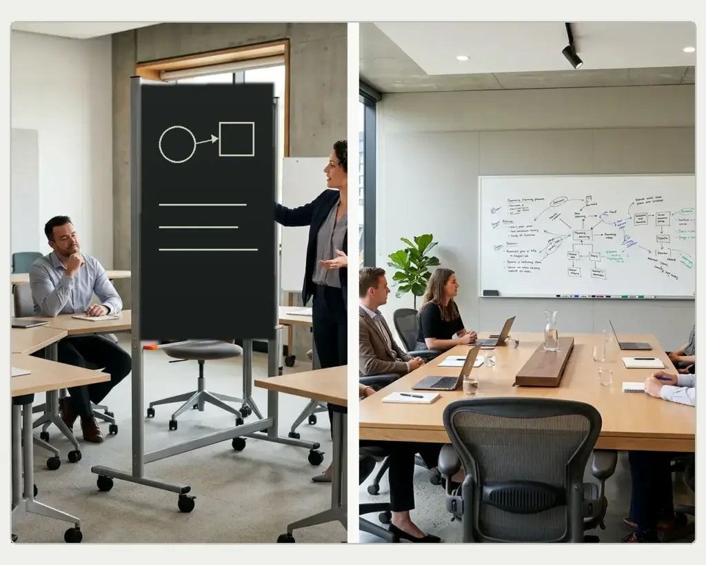 Chalkboard training area and whiteboard meeting room comparison