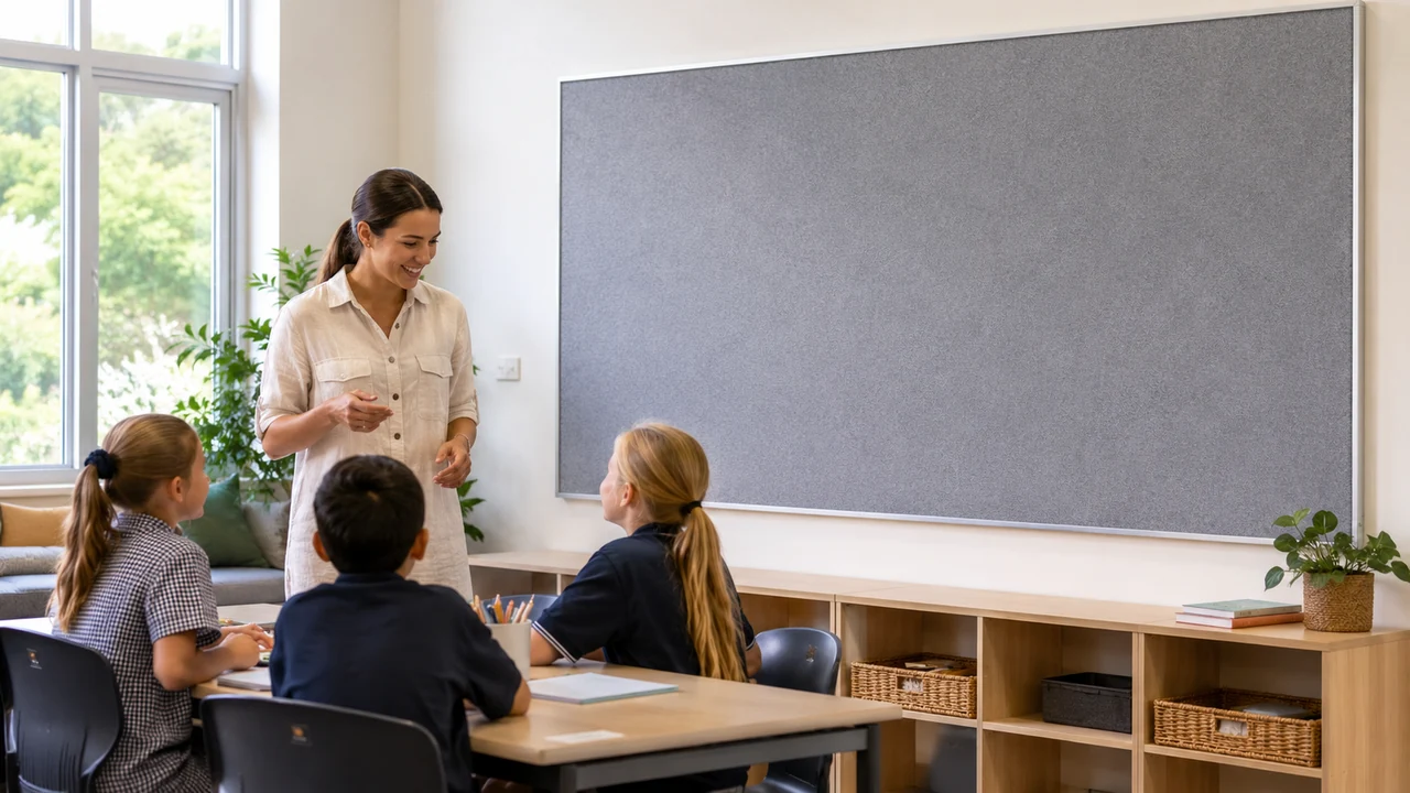 Teacher and students beside a large grey classroom pinboard