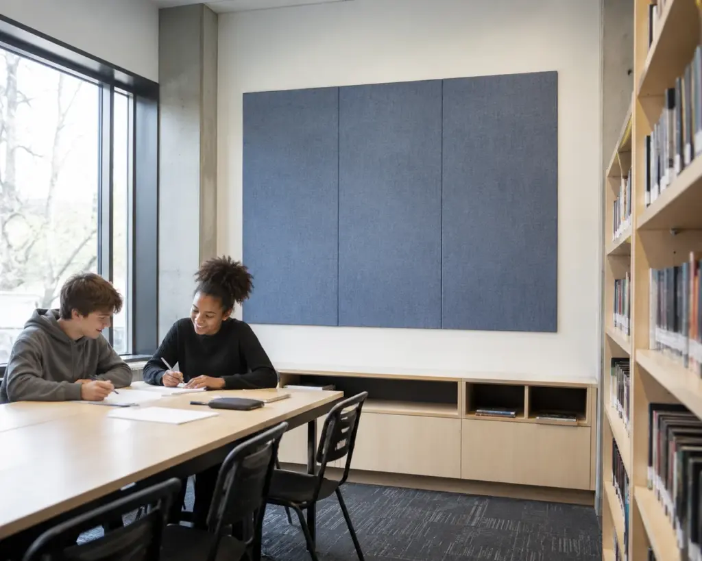 Students studying beside blue acoustic pinboard panels in a school library