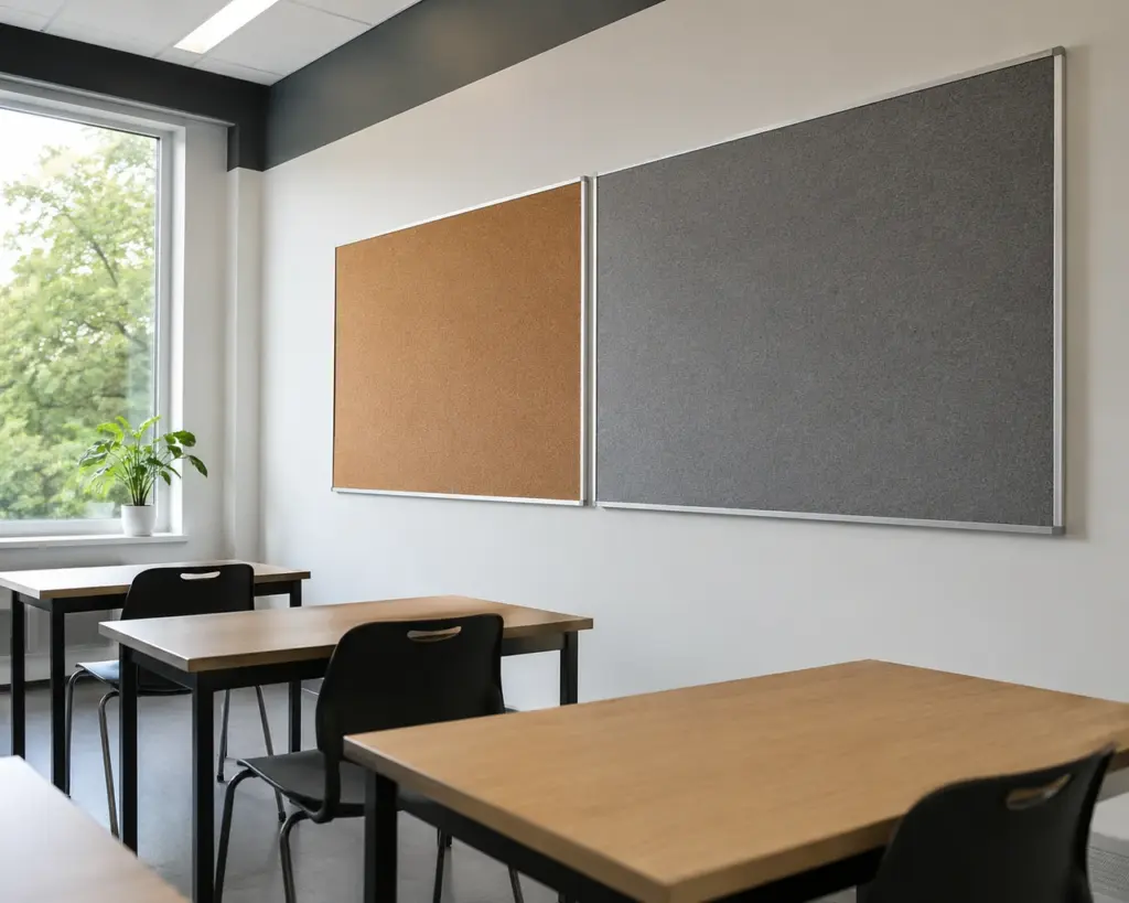 Cork and grey felt pinboards mounted in a classroom