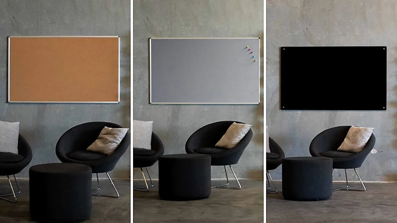 Cork, felt and fabric pinboards displayed in an office