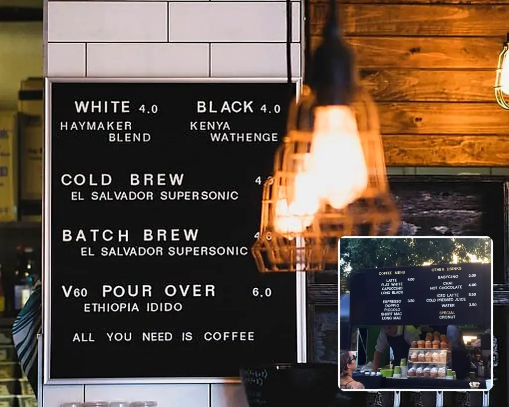 Changeable felt letter boards displaying café menus