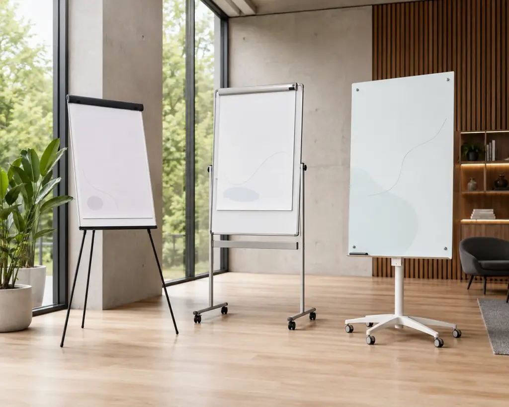 Tripod, mobile and magnetic glass flipchart stands compared