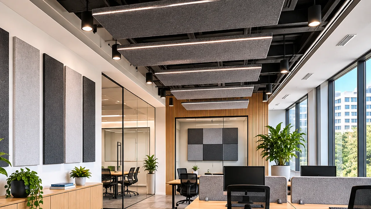 Wall panels and ceiling baffles in a modern open-plan office