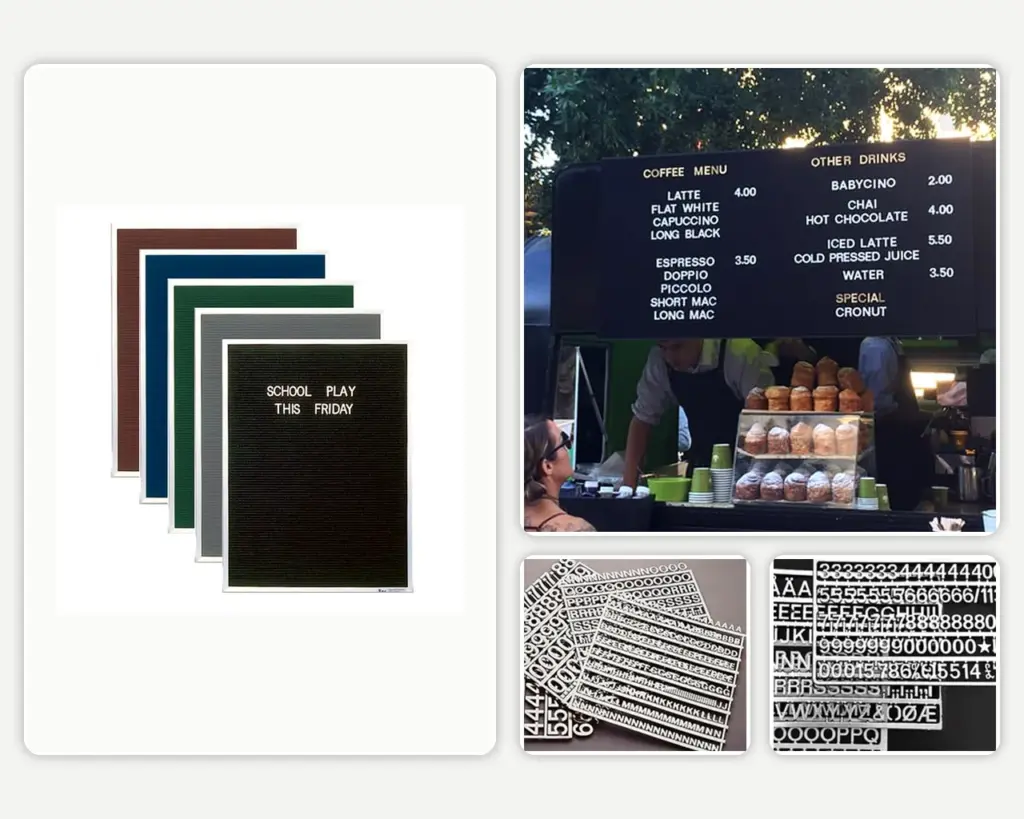 Felt menu board colours, letter packs and frameless display