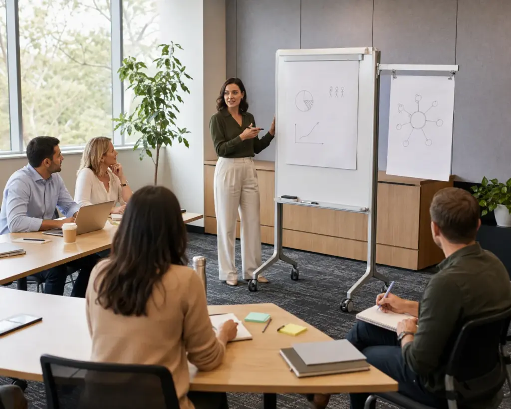 Presenter using a mobile flipchart during a workplace training session