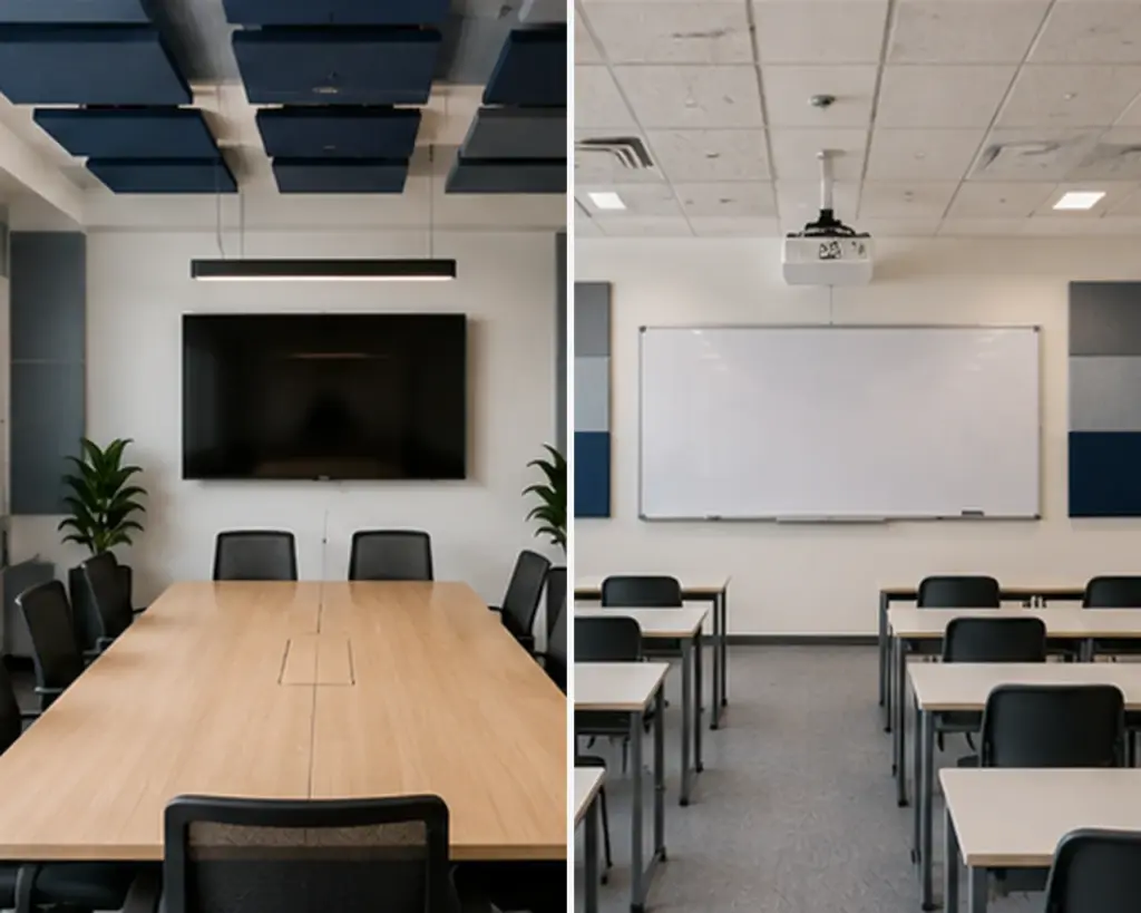 Wall and ceiling acoustic panels used in commercial rooms
