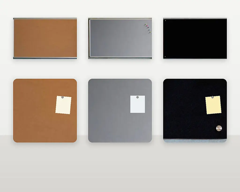 Cork, felt and fabric pinboard surfaces compared
