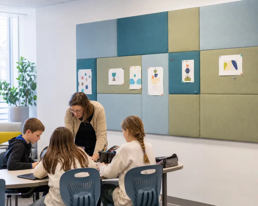 Students using colourful pinnable acoustic panels in a classroom