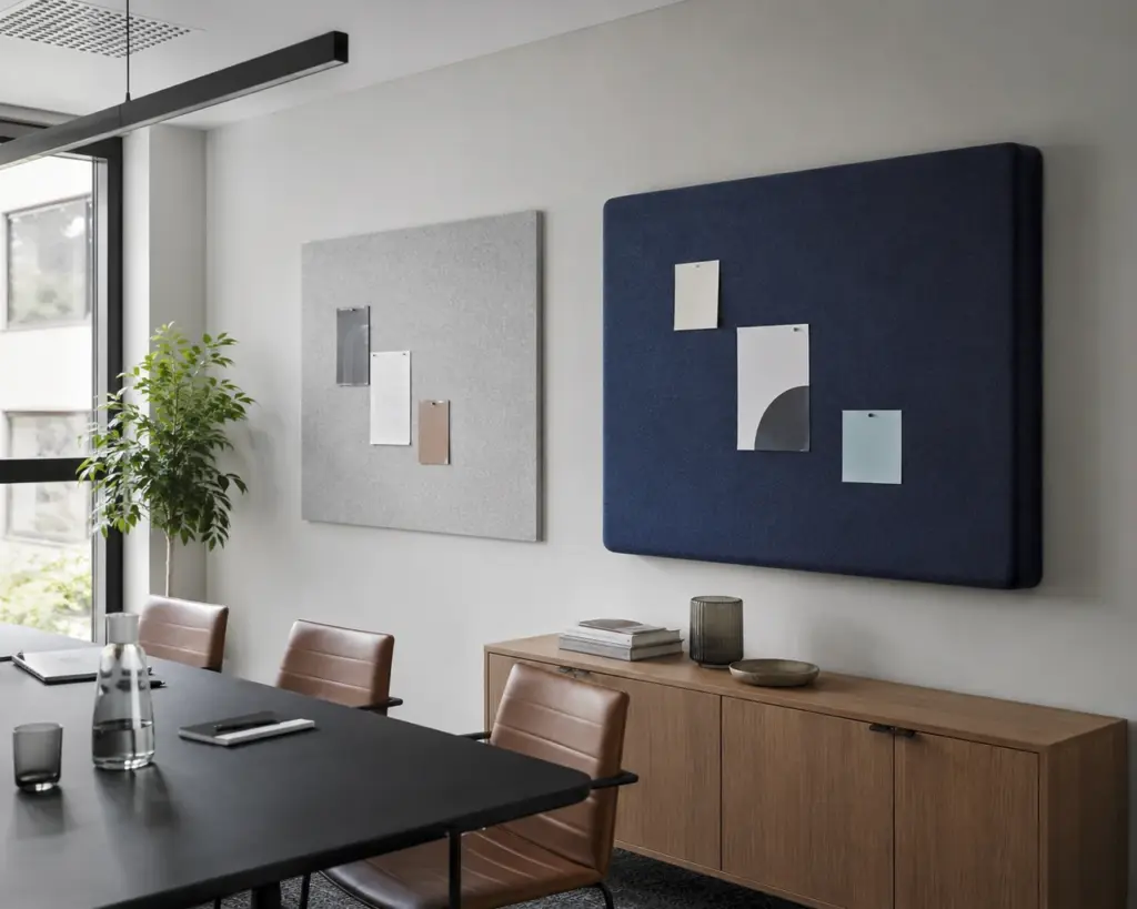 Standard felt pinboard beside an acoustic pinboard in a meeting room