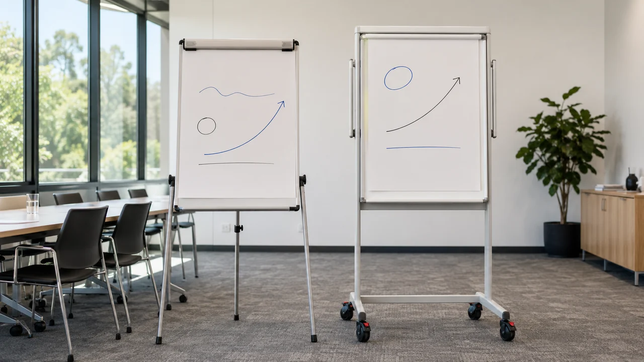 Tripod and mobile flipchart stands in a modern training room
