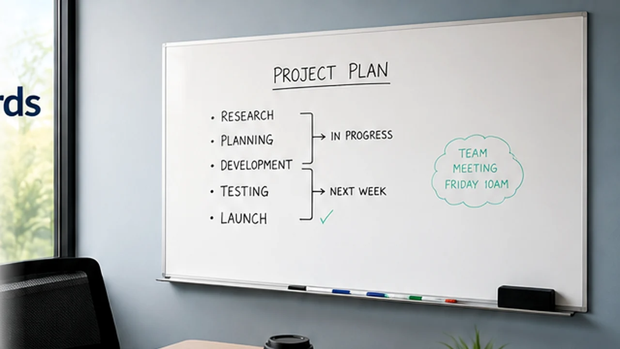 Whiteboard with eraser and markers in a modern meeting room