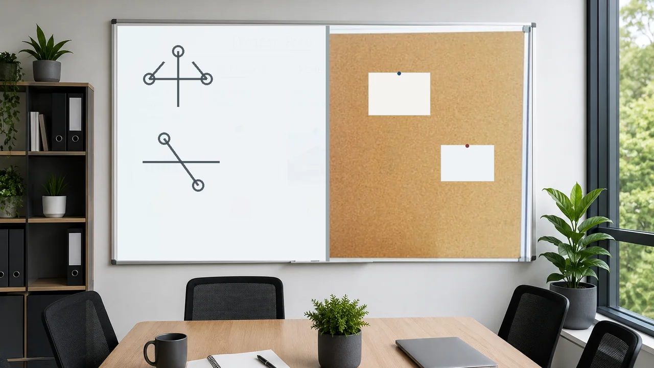 Fixed whiteboard and corkboard combination in a modern office