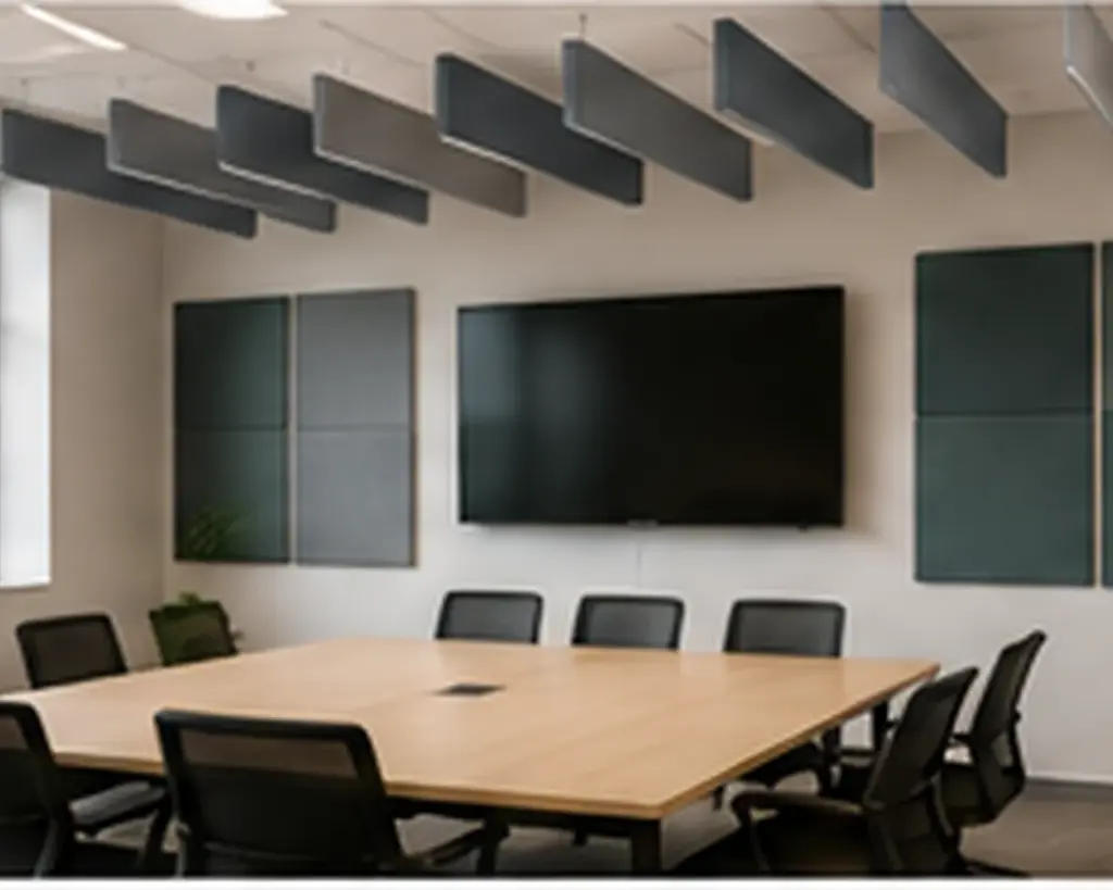 Commercial meeting room combining suspended acoustic ceiling baffles with wall acoustic panels