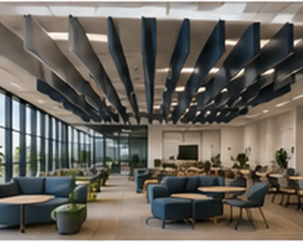 High-ceiling commercial workspace with suspended acoustic baffles and extensive glazing