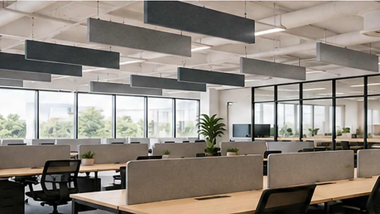 Modern open-plan office with suspended acoustic ceiling panels above workstations