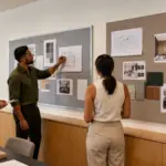 Team comparing framed and frameless pinboards in a modern office