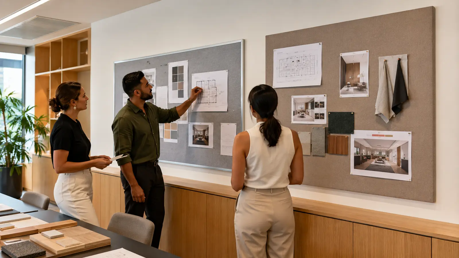 Team comparing framed and frameless pinboards in a modern office