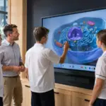 Teacher and students collaborating on an interactive classroom display