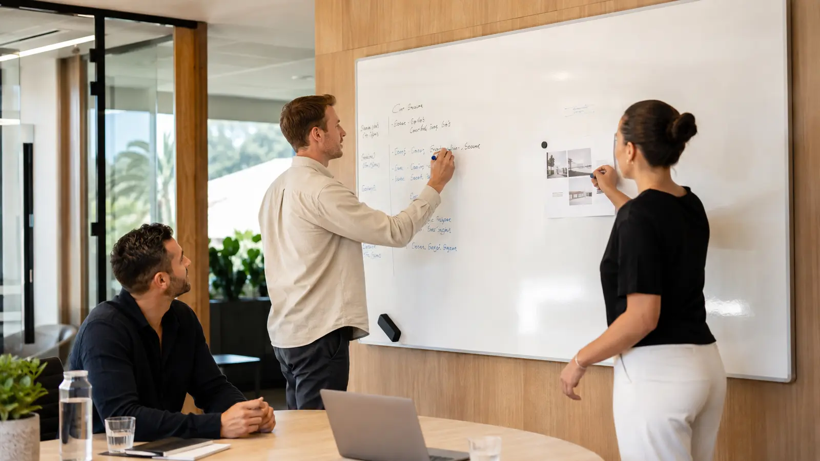 Team comparing magnetic and non-magnetic whiteboard uses in a modern office