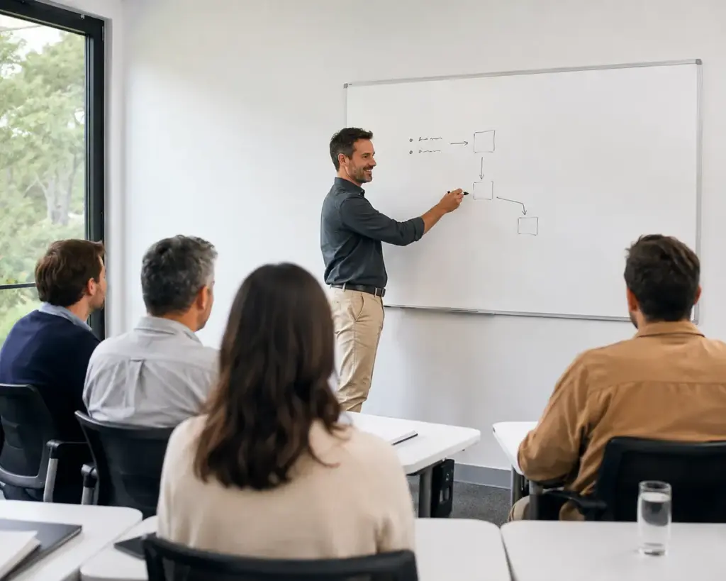 Presenter using a non-magnetic whiteboard in a workplace training room